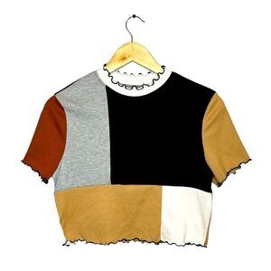 Crop short sleeve tee, patch work, brown, tan, black, white, grey. High …